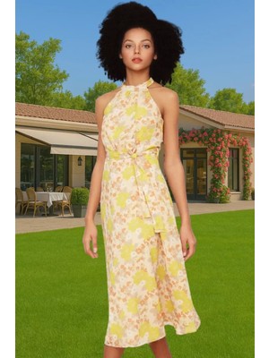 Yazlık Çiçekli A Kesim Bel Kuşaklı Midi Dokuma Elbise Modern Stil Özenle Seçilmiş Seçkin Malzeme