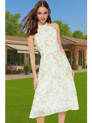 Yazlık Çiçekli A Kesim Bel Kuşaklı Midi Dokuma Elbise Modern Stil Özenle Seçilmiş Seçkin Malzeme