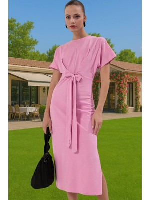 Yazlık Kadın Pamuk Midi Elbise Bodycon Kalıp Bağcıklı Tasarım Modern Stil Profesyonel Görünüm