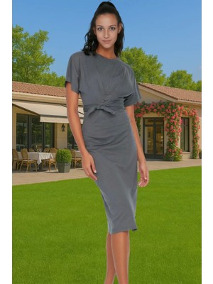 Yazlık Kadın Pamuk Midi Elbise Bodycon Kalıp Bağcıklı Tasarım Modern Stil Profesyonel Görünüm