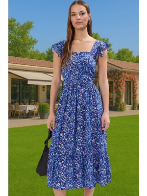 Feminen Çiçekli Desenli Viskoz Midi Elbise Kolsuz Kare Yaka Trend Tasarım Rahat ve Şık Yüksek Kalite