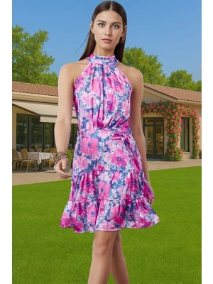 Kadın A Kesim Mini Elbise Saten Kumaş Çiçek Desenli Halter Yaka Mükemmel Uyum Şık Görünüm