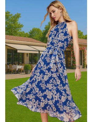 Yazlık Çiçekli A Kesim Bel Kuşaklı Midi Dokuma Elbise Modern Stil Özenle Seçilmiş Seçkin Malzeme