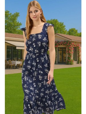 Feminen Çiçekli Desenli Viskoz Midi Elbise Kolsuz Kare Yaka Trend Tasarım Rahat ve Şık Yüksek Kalite