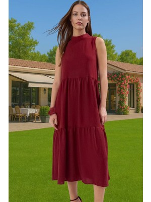 Kadın Yazlık Midi Elbise Nefes Alan Polyester Dokuma Kumaş Rahat Trend Tasarım Modern Stil