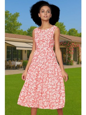 Rahat Viskoz Kumaştan Çiçekli Desenli Midi Skater Elbise Kaliteli Işçilik Premium Kalite Şık Görünüm