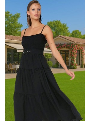 Kadın Askılı Bel Kemerli Midi Polyester Dokuma Elbise Rahat Günlük Stil Rahat ve Şık Mükemmel Uyum