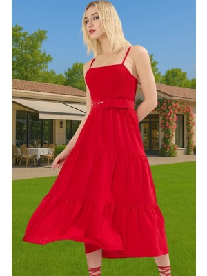 Kadın Askılı Bel Kemerli Midi Polyester Dokuma Elbise Rahat Günlük Stil Rahat ve Şık Mükemmel Uyum