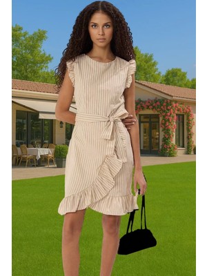 Yazlık Kadın Mini Elbise Poplin Kumaş Çizgili Desen Bel Kuşağı Uzun Ömürlü Kaliteli Işçilik