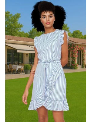 Yazlık Kadın Mini Elbise Poplin Kumaş Çizgili Desen Bel Kuşağı Uzun Ömürlü Kaliteli Işçilik