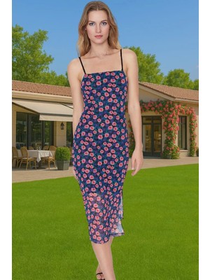 Askılı Bodycon Polyester Elbise Baskılı Tül Midi Premium Kalite Zarifane Tasarım Özel Tasarım