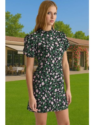 Balon Kollu A Kesim Mini Elbise Polyester Dokuma Çiçekli Yazlık Mükemmel Uyum Trend Tasarım