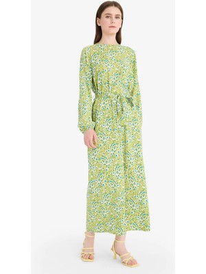 DeFacto Regular Fit Bisiklet Yaka Çiçek Desenli Kuşaklı Uzun Kollu Maxi Elbise D9835AX25SM
