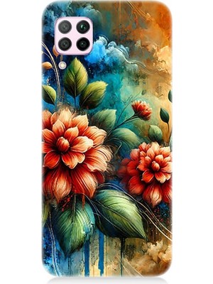 Huawei P40 Lite Uyumlu Kırmızı Çiçek ve Tomurcuklar  Desenli Silikon Kılıf
