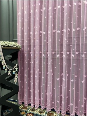 Perde Pendik Pembe Yıldızlı Pileli Tül Perde 350 x 260 cm Kız Çocuk Odası için Pudra Renkli Desenli