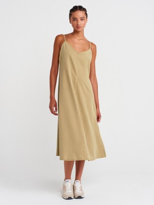 90562 Ince Askılı Parçaboya Denim Elbise-Çağla