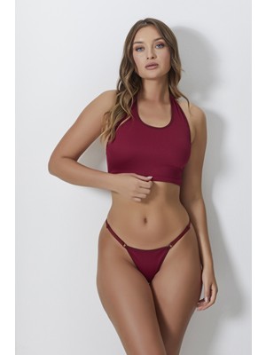  Kadın Bordo Ayarlanabilir Tanga Külotlu Büstiyer Takım