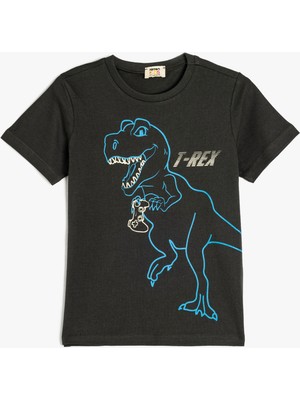 Koton Dinozor Baskılı Bisiklet Yaka Pamuklu Kısa Kollu Tişört