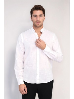 Velvarde Düz Keten Gömlek Beyaz