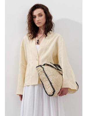 Kontrast Detaylı Hasır Çanta Bej-Siyah Çizgili