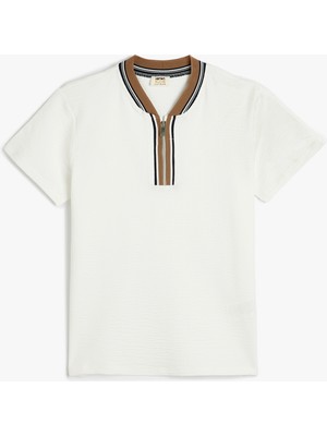 Koton Tişört Bisiklet Yaka Yarım Fermuarlı Kısa Kollu Şerit Detaylı Pamuklu