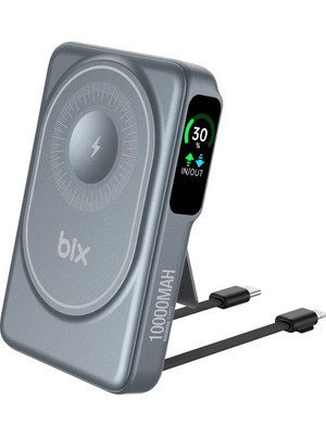 Bix TPB16 10.000 Mah OLED Ekranlı Manyetik Kablosuz Powerbank 20W Pd Hızlı Şarj ve 15W Magsafe Gri