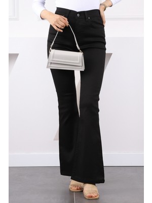 Siyah Yüksek Bel Ispanyol Paça Jeans Pantolon