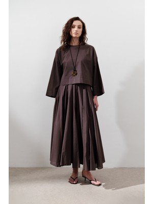 Pamuklu Crop Uzun Kol Bluz Kahverengi