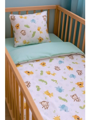 Bebek Özel Pamuk Bebek/Çocuk Yastık Çarşaf Yorgan Seti Safari Desen/ Mint Yeşili