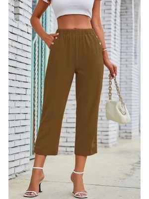 Defy Moda Kadın Beli Lastikli Düğme ve Cep Detaylı Kapri Ithal Keten Pantolon