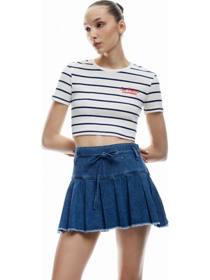 Koton Pamuklu Kemer Detaylı Pileli Denim Mini Şort Etek