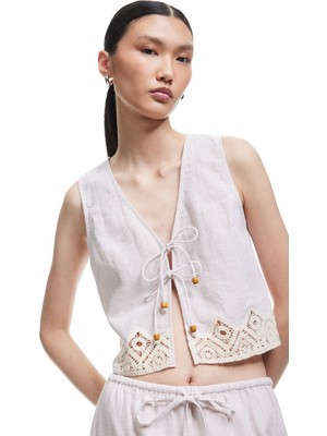 Koton Keten Karışımlı Önden Bağlamalı Kroşe Detaylı Crop Yelek