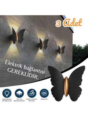 3 Adet Elektrikle Çalışır, 6 Watt Amber Işık Ledli Kelebek Duvar Aplik Iç ve Dış Mekan IP65 Aplik