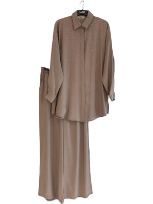 Armine ARMİNE TREND Gömlek Yaka Gizli Düğmeli Taş Desenli Takım-Vizon 25YT6139