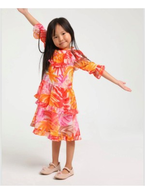 7-12 Yaş Arası Renkli Çiçekli Kolları Fırfır Detaylı Kız Çocuk Elbise