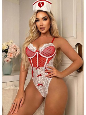 Kırmızı Fantezibody Hemşire Kostümü