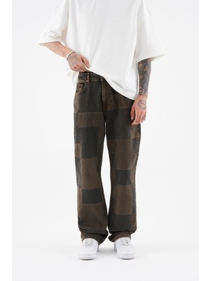 Erkek Oversize Parçalı Desenli Oak Coffe Jean