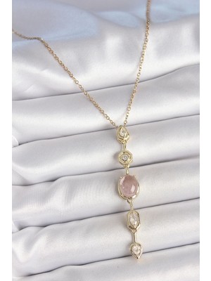 MiraLive 316L Çelik Zincir Gold Renk Pembe Zirkon Taşlı Y Kolye - TJ-BKO10226
