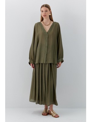 Oversize V Yaka Gömlek Haki