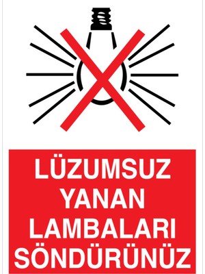 1Beyaz Reklam Lüzümsuz Yanan Lambaları Söndürünüz Uyarı Tabelası - 20x30 Alüminyum Kompozit Panel - TAS11