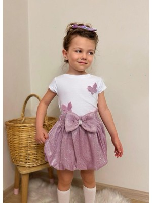 Kız Çocuk Alt Üst Takım Simli Fiyonklu Balon Etekli  Dokuma  Kelebek  Figürlü 2'li Takım Pembe