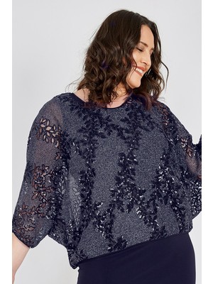 Ladies First Kadın Büyük Beden 3964 Lacivert Bluz+Bady İkili Takım Yarasa Kol Tasarımı ile Şık Görünüm