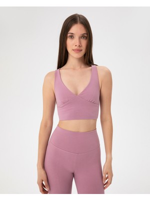 Ayma Active Pembe Organik Pamuk Dekolteli Göğüs Pedli Çapraz Askılı Crop Halter Büstiyer