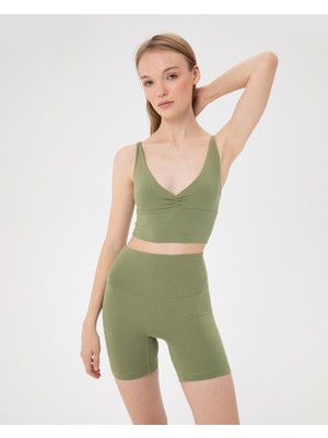 Ayma Active Açık Yeşil EcoVero Viskoz, Ayarlanabilir Çapraz Askılı, Göğüs Pedli, V Yaka, Ön Büzgülü Askılı Büstiyer