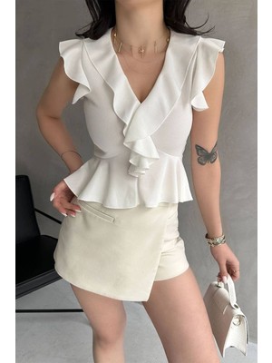 Yakası  V Kolları Volalı Crep Bluz