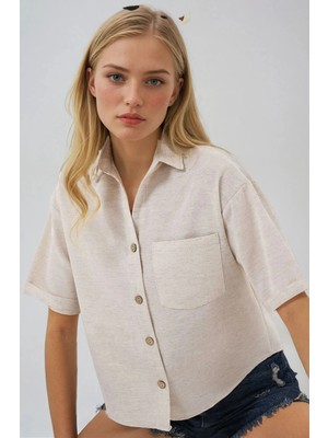 Kadın Krem Keten Görünümlü Crop Gömlek HZL25S-BD1203391