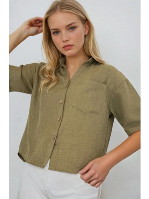 Kadın Haki Keten Görünümlü Crop Gömlek HZL25S-BD1203391