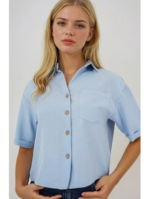 Kadın Mavi Keten Görünümlü Crop Gömlek HZL25S-BD1203391