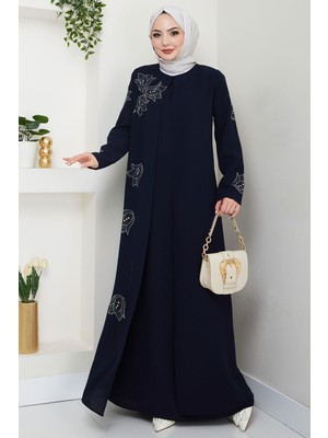 Büyük Beden Lale Taşlı Anne Elbisesi Lacivert HM2692