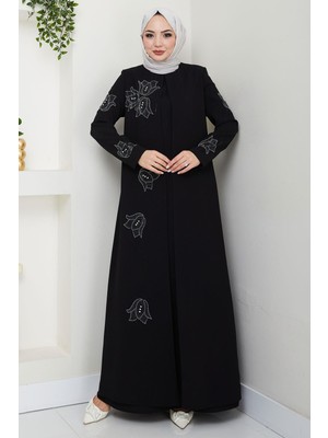 Büyük Beden Lale Taşlı Anne Elbisesi Siyah HM2692